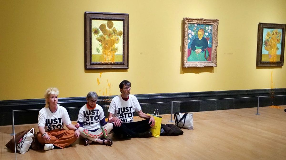 Just Stop Oil protesters threw soup over two of Vincent Van Gogh’s Sunflowers paintings at the National Gallery less than three weeks ago
Just Stop Oil