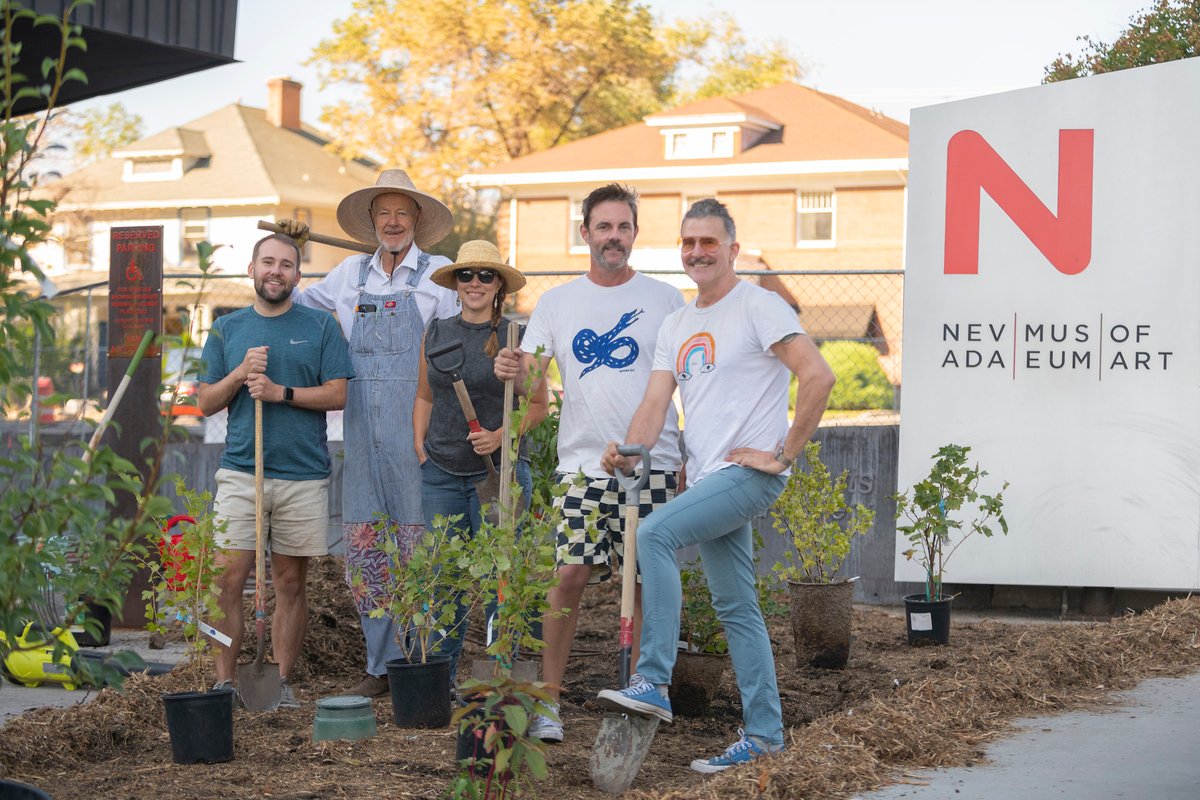 Fallen Fruit and Nevada Museum of Art staff install Monument to Sharing. From left, curatorial assistant Kolin Perry, River School Farm owner Tom Stille, senior curator of contemporary art Apsara DiQuinzio and Fallen Fruit artists David Allen Burns and Austin Young Courtesy Nevada Museum of Art