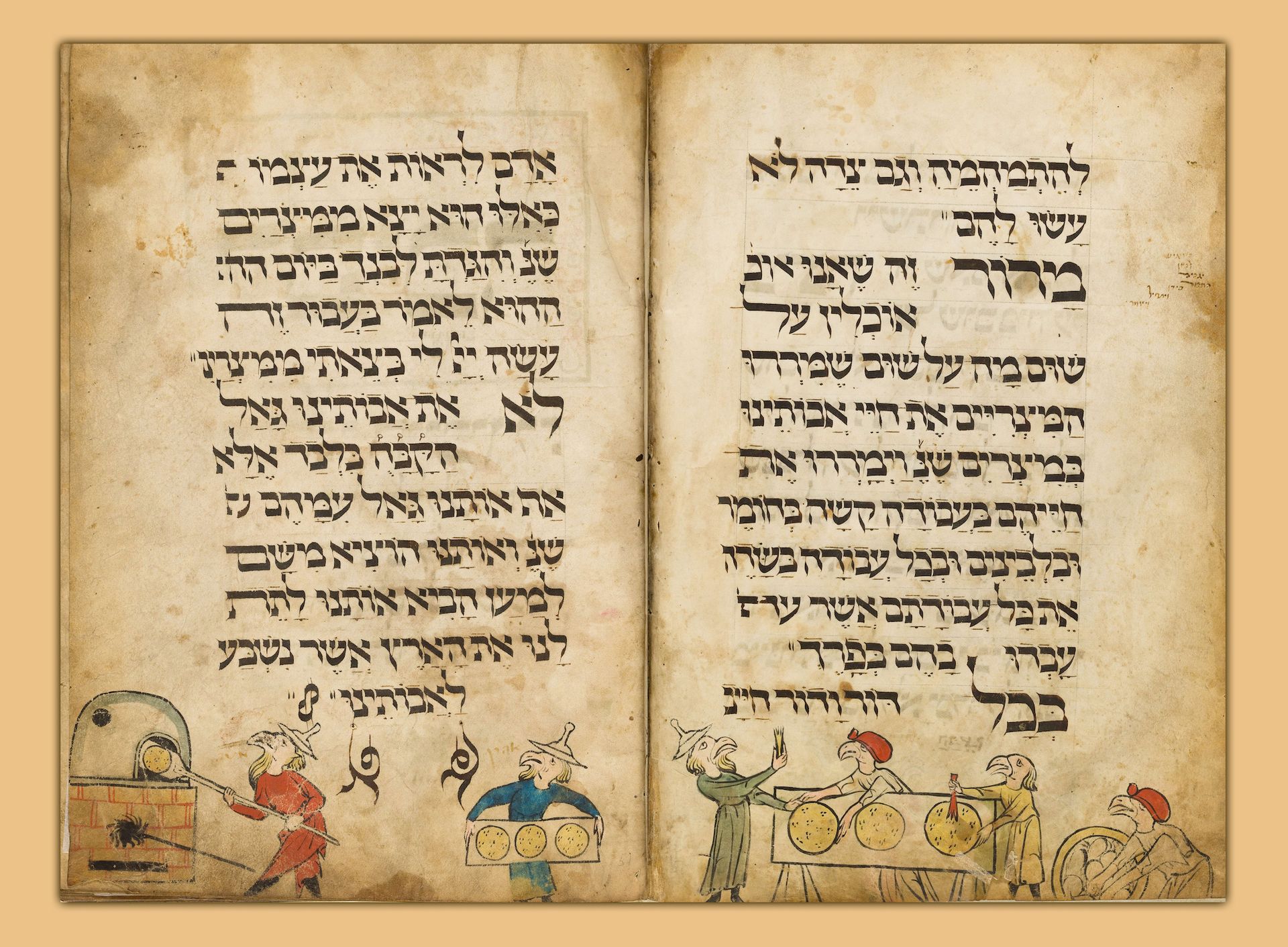 Two pages of the Birds' Head Haggadah. Google Art Project, via Wikimedia Commons