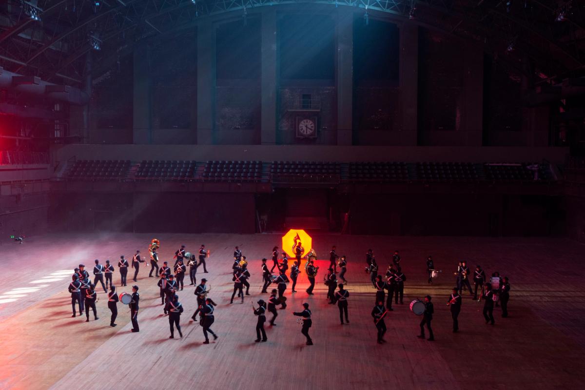 A photo from the filming with the Yale University Precision Marching Band for Hito Steyerl's Drill at Park Avenue Armory in 2019 Photo: Camille Brown