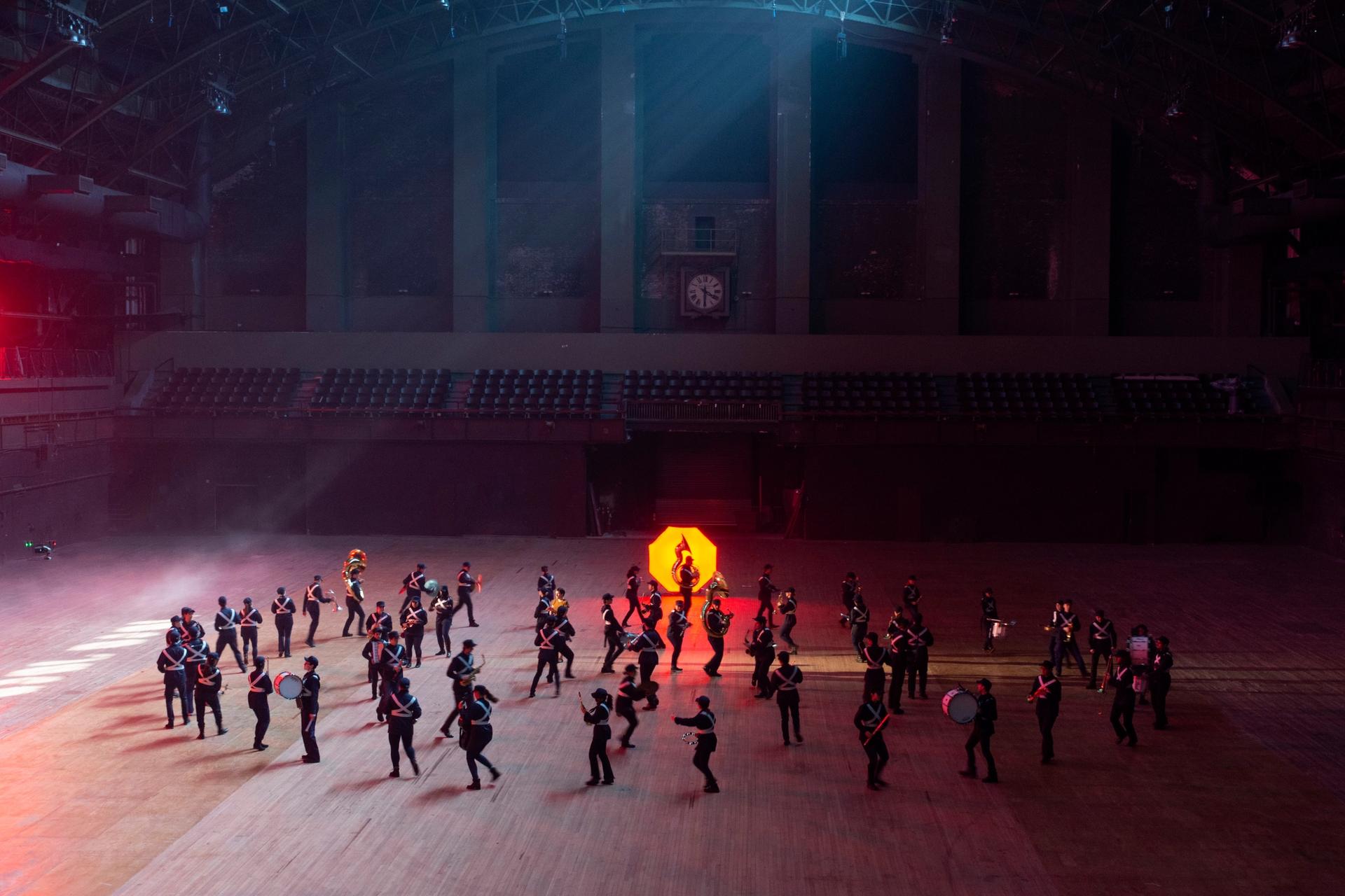 A photo from the filming with the Yale University Precision Marching Band for Hito Steyerl's Drill at Park Avenue Armory in 2019 Photo: Camille Brown