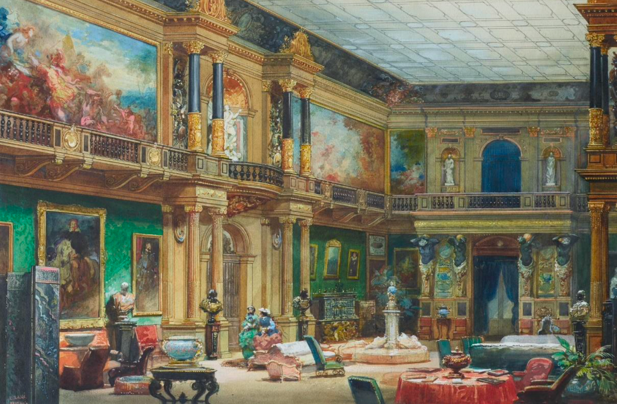 A watercolour by Eugène Lami of the grand hall in Château de Ferrieres, the French branch of the Rothschilds' former estate east of Paris.  Courtesy Christie's