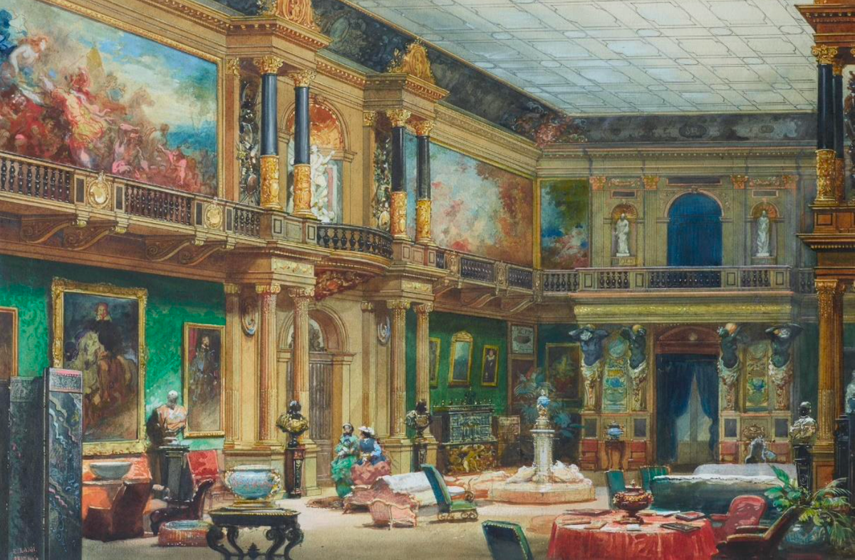 A watercolour by Eugène Lami of the grand hall in Château de Ferrieres, the French branch of the Rothschilds' former estate east of Paris.  Courtesy Christie's