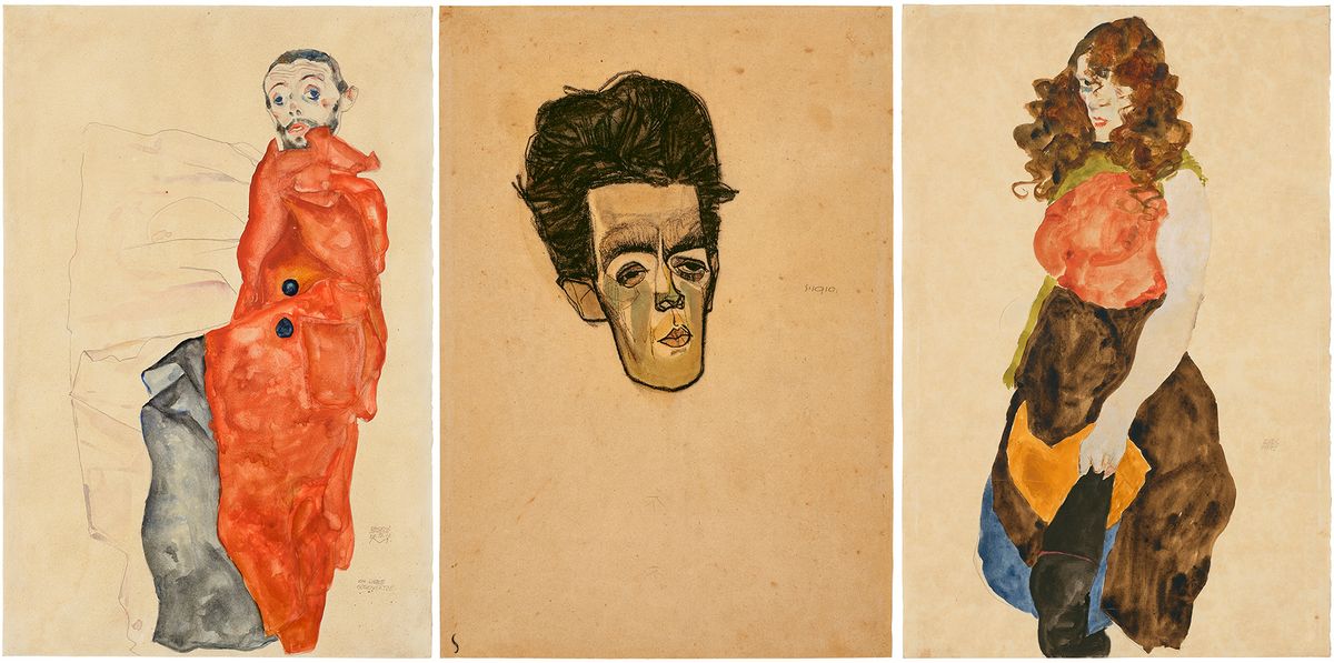 Works by Egon Schiele recently restituted to the heirs of Fritz Grünbaum that will be offered at auction by Christie's in New York on 9 November. From left to right: Ich liebe Gegensätze (1912), Selbstbildnis (1910) and Stehende Frau (Dirne) (1912) Courtesy Christie's