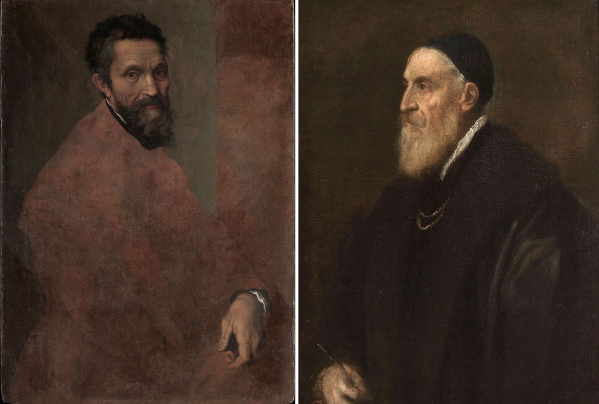 A portrait of Michelangelo (around 1575), attributed to Daniele da Volterra, and Titian's self-portrait (around 1562) Metropolitan Museum of Art, New York; Museo del Prado, Madrid
