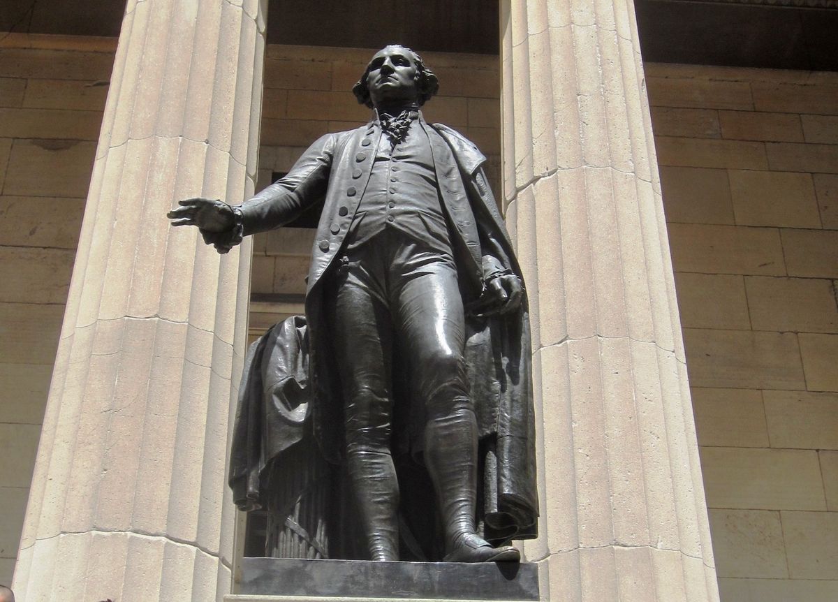 The 1882 statue of George Washington by John Quincy Adams Ward outside New York City's Federal Hall Photo by Martin Furtschegger, via Wikimedia Commons