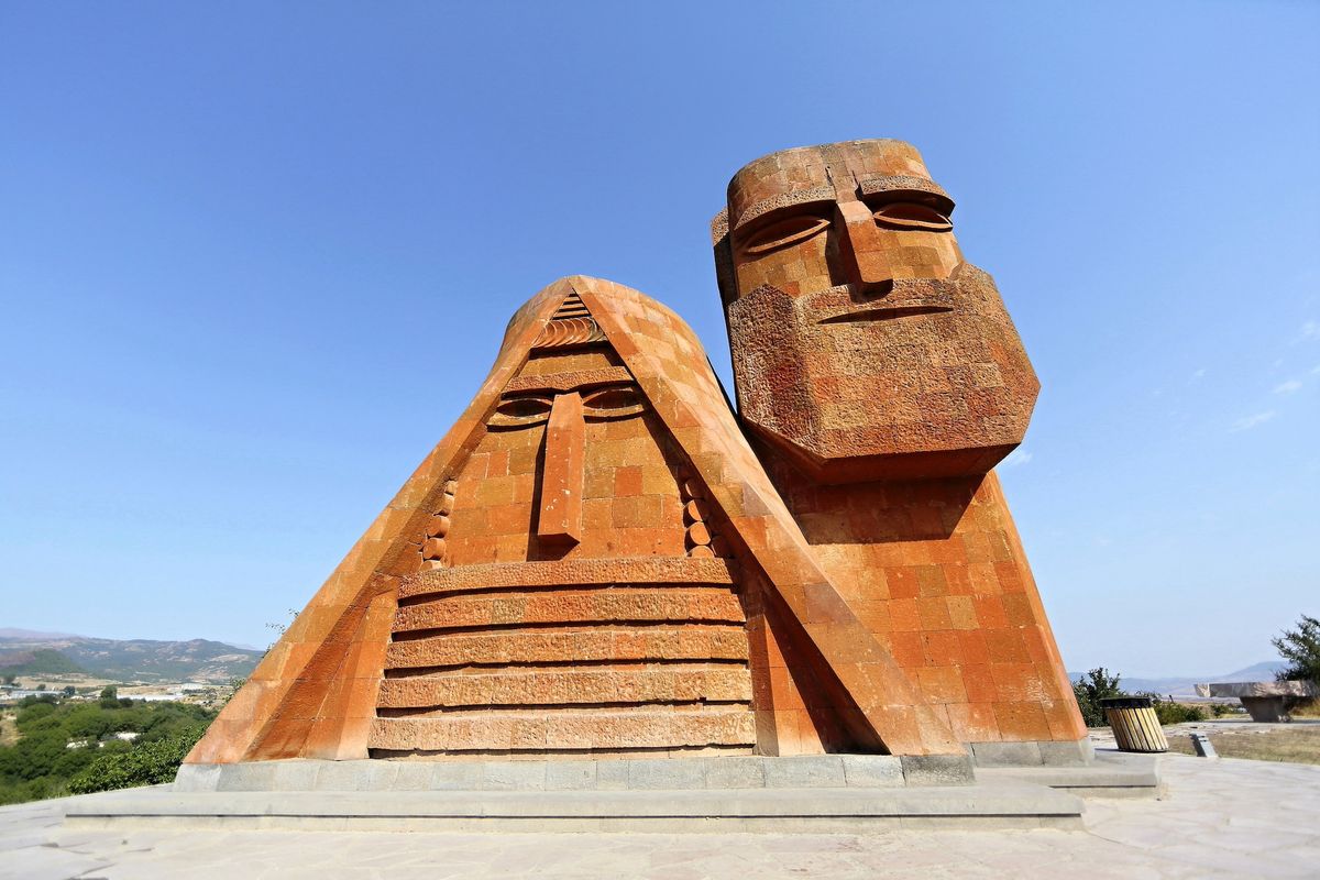 The We Are Our Mountains monument, by artist Sargis Baghdasaryan and architect Yuri Hakobyan, near Stepanakert/Khankendi Photo by Martin Cígler, via Wikimedia Commons
