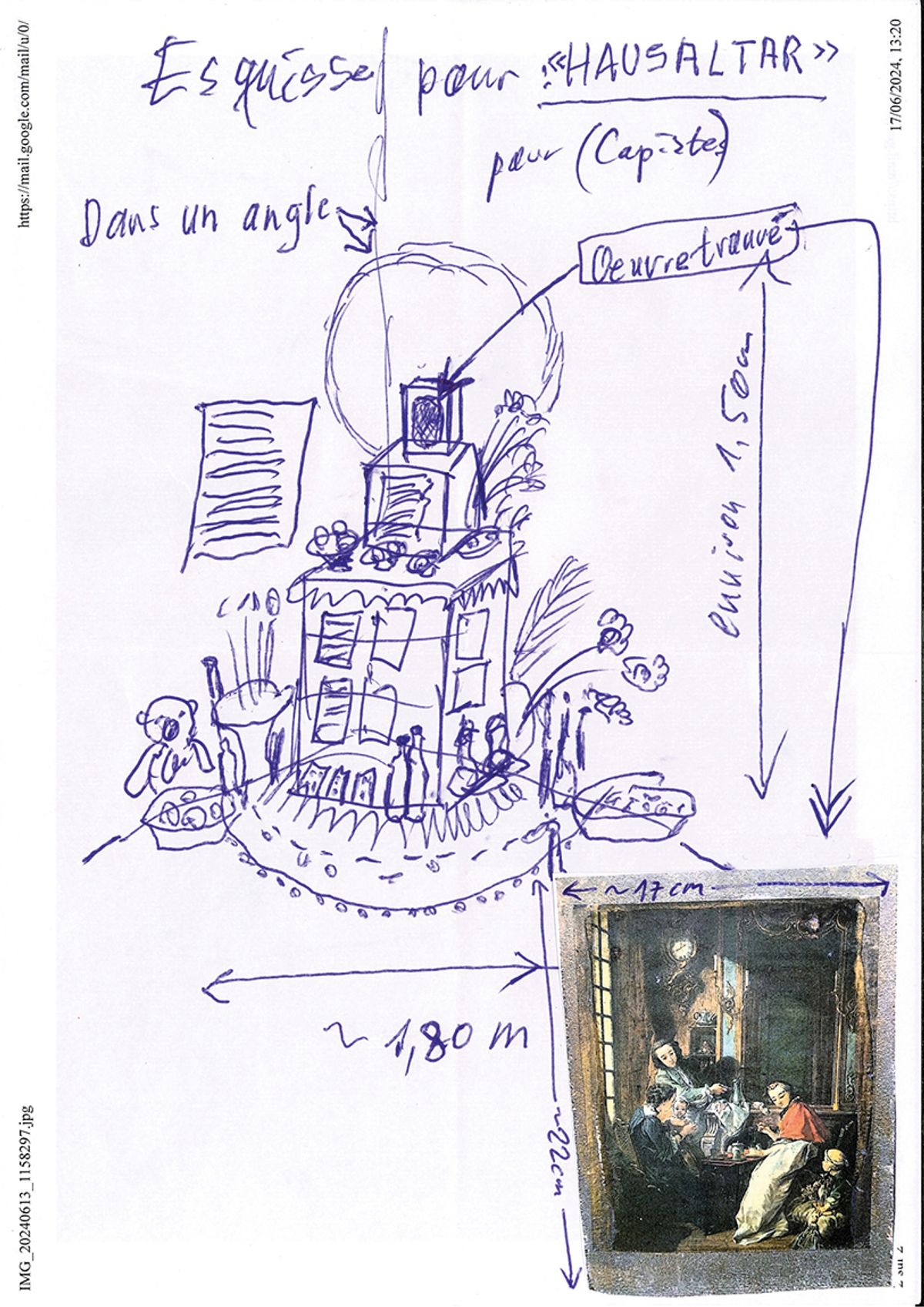 A sketch for Thomas Hirschhorn’s sculptural work Hausaltar, inspired by Boucher’s Le Déjeuner (inset)
© Adagp, courtesy of the artist