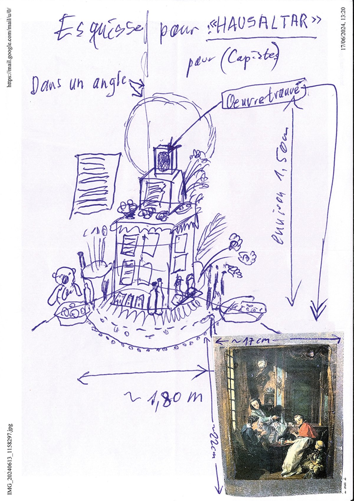 A sketch for Thomas Hirschhorn’s sculptural work Hausaltar, inspired by Boucher’s Le Déjeuner (inset)
© Adagp, courtesy of the artist