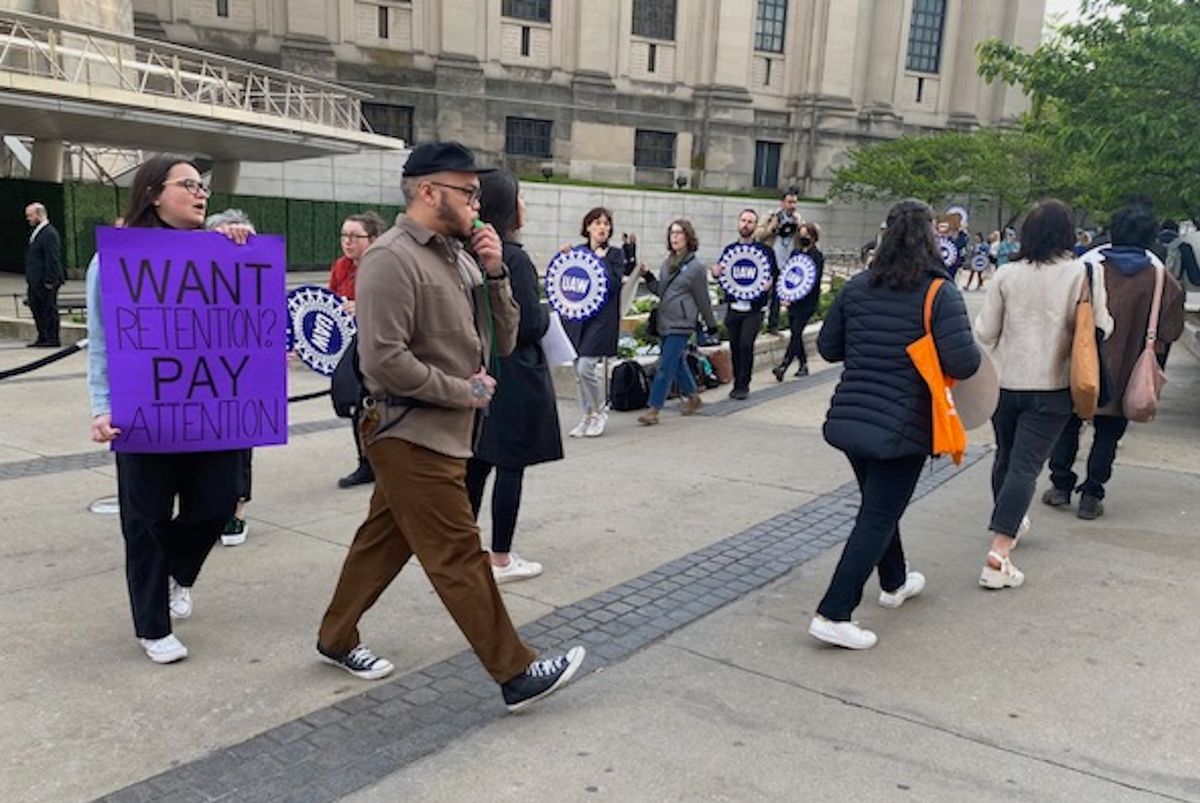 Members of the Brooklyn Museum union rally outside its annual fundraising gala on 25 April Anni Irish