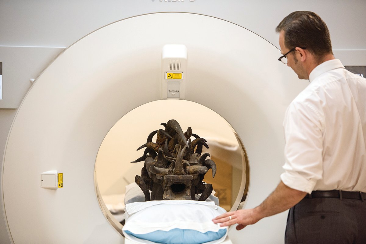 The Dallas museum’s Senufo helmet mask was subject to a spectral CT scan on the recommendation of medical students Courtesy of University of Texas Southwestern Medical Center and Dallas Museum of Art