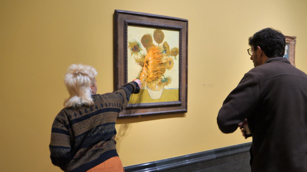 In 2024, environmental activists hurled tomato soup at two Sunflowers works by Vincent van Gogh on show at The National Gallery in London
Courtesy of Just Stop Oil. Image by Jamie Lowe