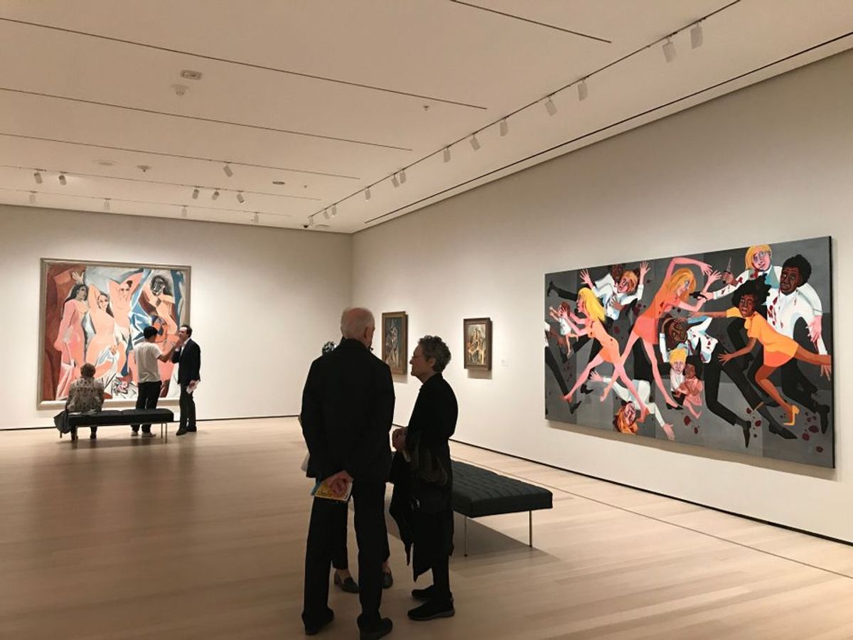 The fifth-floor gallery around Les Demoiselles d’Avignon juxtaposes Picasso’s groundbreaking 1907 painting with Faith Ringgold’s large-scale painting American People Series #20: Die (1967), which was inspired by another Picasso work, Guernica (1937) © Photo: Helen Stoilas, The Art Newspaper