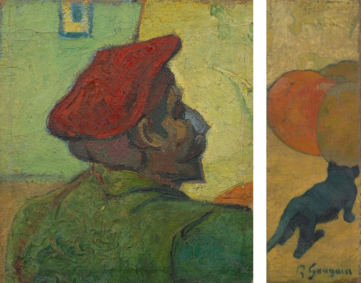 Van Gogh’s Portrait of Gauguin (38 x 34cm) and Paul Gauguin’s The Little Cat (Le petit chat) (72 x 25cm)(both November-December 1888) 

Van Gogh Museum, Amsterdam (Vincent van Gogh Foundation) and private collection, France (photograph from Van Gogh Museum)
