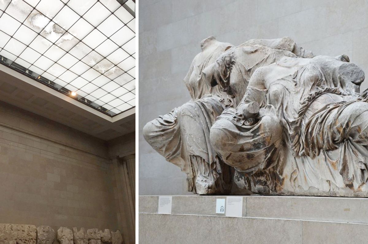 Left: We took this picture of the stained roof in the Parthenon sculptures gallery in January 2020. Right: Figures from the pediment of the ancient temple in the British Museum © The Art Newspaper