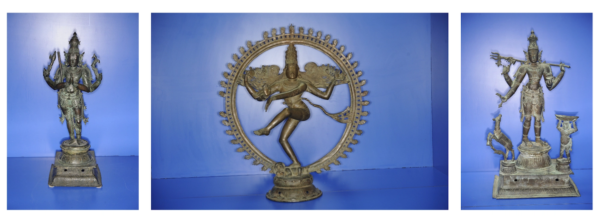 Pictured (from left to right): Bronze Nandikesvara, Bronze Shiva Nataraja, and Bronze Kankalamurti. Courtesy of the Manhattan district attorney's office.