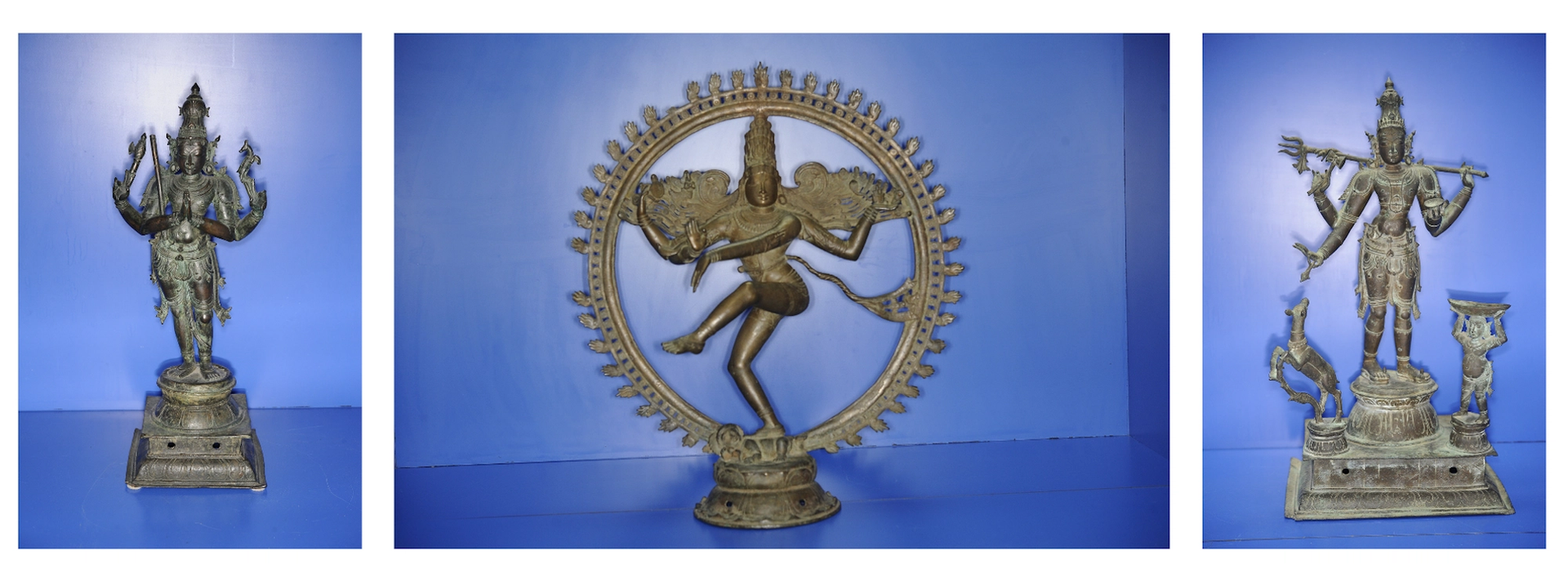 Pictured (from left to right): Bronze Nandikesvara, Bronze Shiva Nataraja, and Bronze Kankalamurti. Courtesy of the Manhattan district attorney's office.