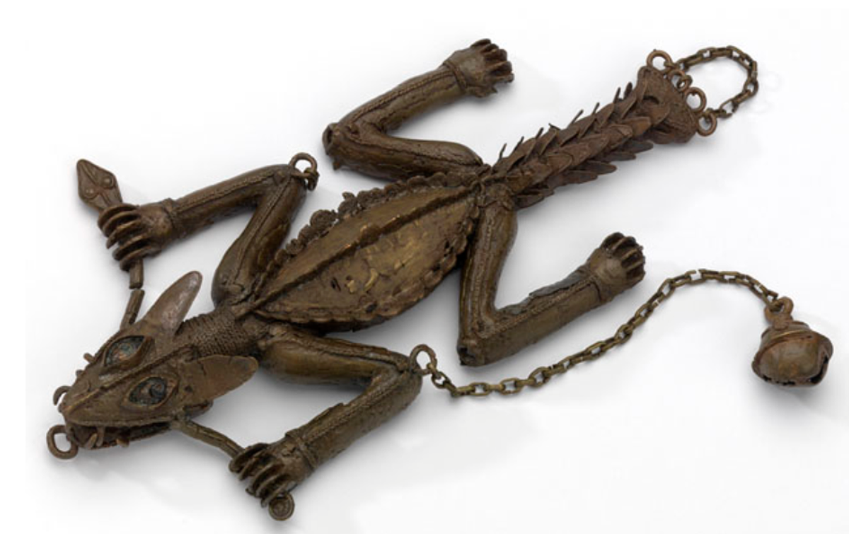 This bronze back ornament of a crocodile or lizard, from Owo, Nigeria, may have been acquired in Benin city. It is currently in the Kelvingrove Art Gallery and Museum in Glasgow 