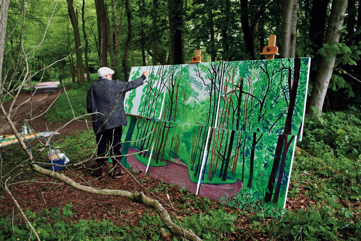David Hockney painting Woldgate Woods III, 20 & 21 May © David Hockney, Photo Credit: Jean-Pierre Gonçalves de Lima