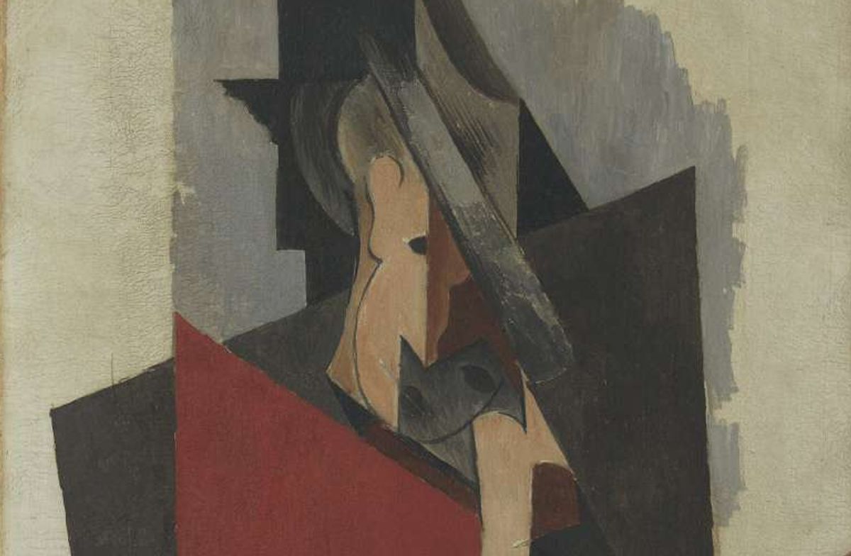 Detail of Pablo Picasso, Hombre sentado (1917) showing deep cracks Photo by Gasull Fotografia