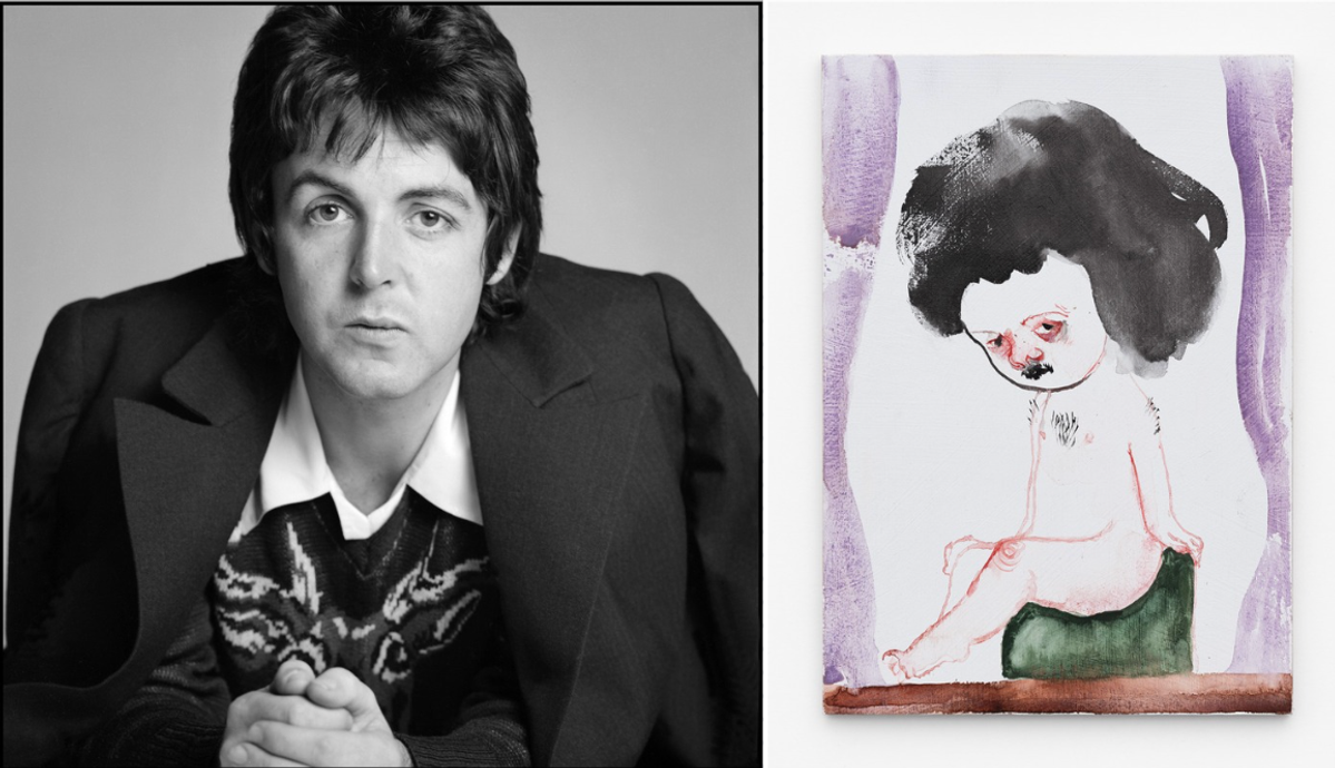 Paul McCartney (left) chose the lyric “Well the rain exploded with a mighty crash as we fell into the sun” for artists to respond to; Sanya Kantarovsky has donated Man Child (right) to the auction McCartney: © 1973 MPL Communications Ltd; photo: Clive Arrowsmith