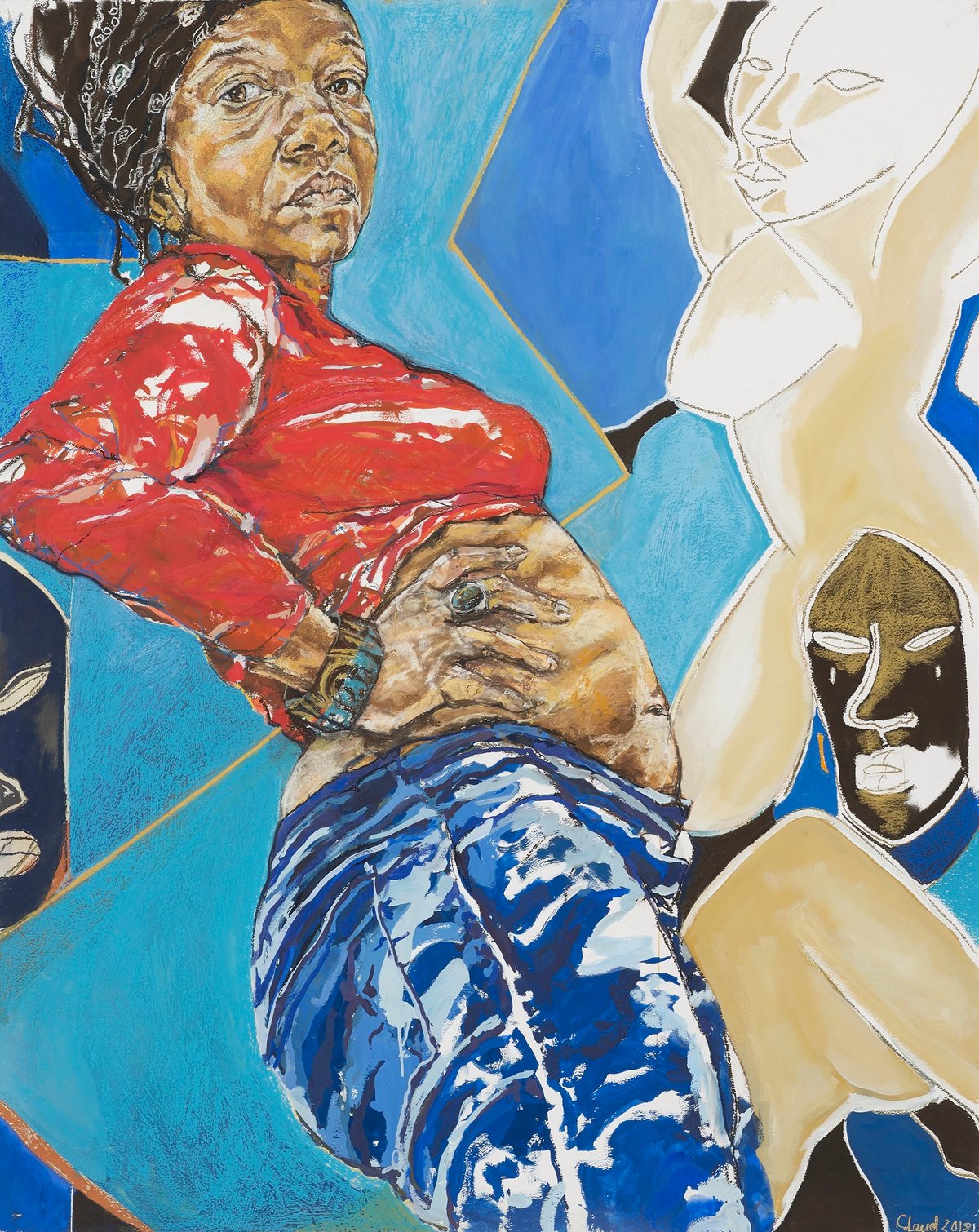 Claudette Johnson’s Standing Figure with African Masks (2018)