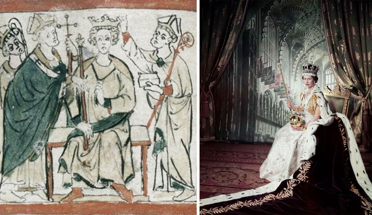 The jewelled halo of the Crown at the centre of every portrayal: a manuscript depiction (left) of the Coronation of Edward the Confessor, 1042 (around 1300) and Cecil Beaton's Queen Elizabeth II on her Coronation Day, 1953 Edward: Bodleian Libraries, University of Oxford. History and Art Collection / Alamy Stock Photo. Elizabeth II: Royal Collection Trust / © His Majesty King Charles III 2023