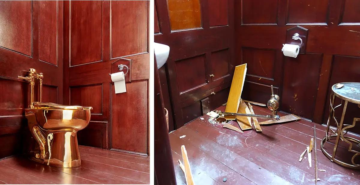 (Left) Maurizio Cattelan's America (2016) when it was installed in the guides’ bathrooms of Blenheim Palace. (Right) after the work was stolen. 
From left: © Tom Lindoe Right © Matthew Landrus
