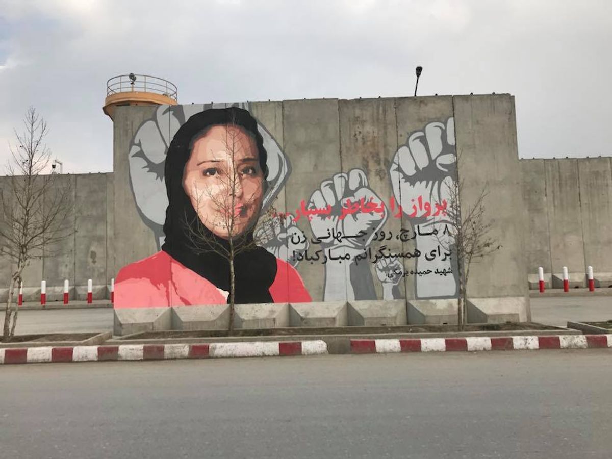 A mural by ArtLords in Kabul created in honour of the human rights activist, Hamida Barmaki, who died in an explosion claimed by the terrorist group Hezbe Islami Afghanistan Image: courtesy of Omaid Sharifi