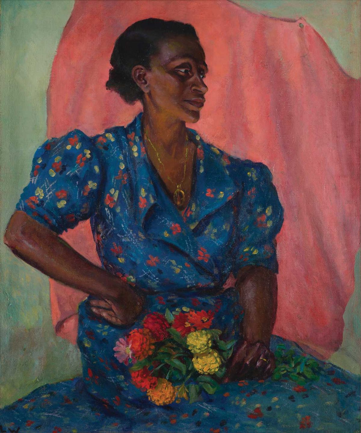 Laura Wheeler Waring’s Woman with Bouquet (around 1940), part of the Brooklyn Museum’s permanent collection, is one of the works on show that aims to spark recognition and joy

© the artist’s estate; photo courtesy Brooklyn Museum