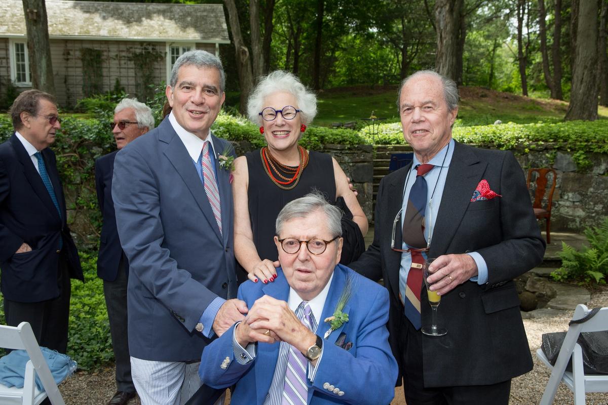 Seated,  the late Charles Bergman, who headed the Pollock-Krasner Foundation as chairman and chief executive. Behind him, from left: his husband, Stuart Levy; Janet Spencer; and her husband, Ronald Spencer, who took over as the foundation's chairman and chief executive this year Joseph Fornabaio