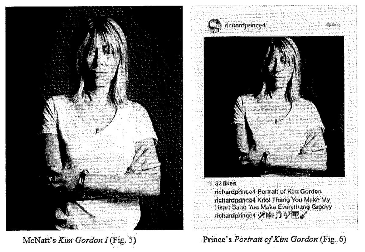 Eric McNatt's photo of Kim Gordon (left) and a corresponding work from Richard Prince's New Portraits series (right) Court documents
