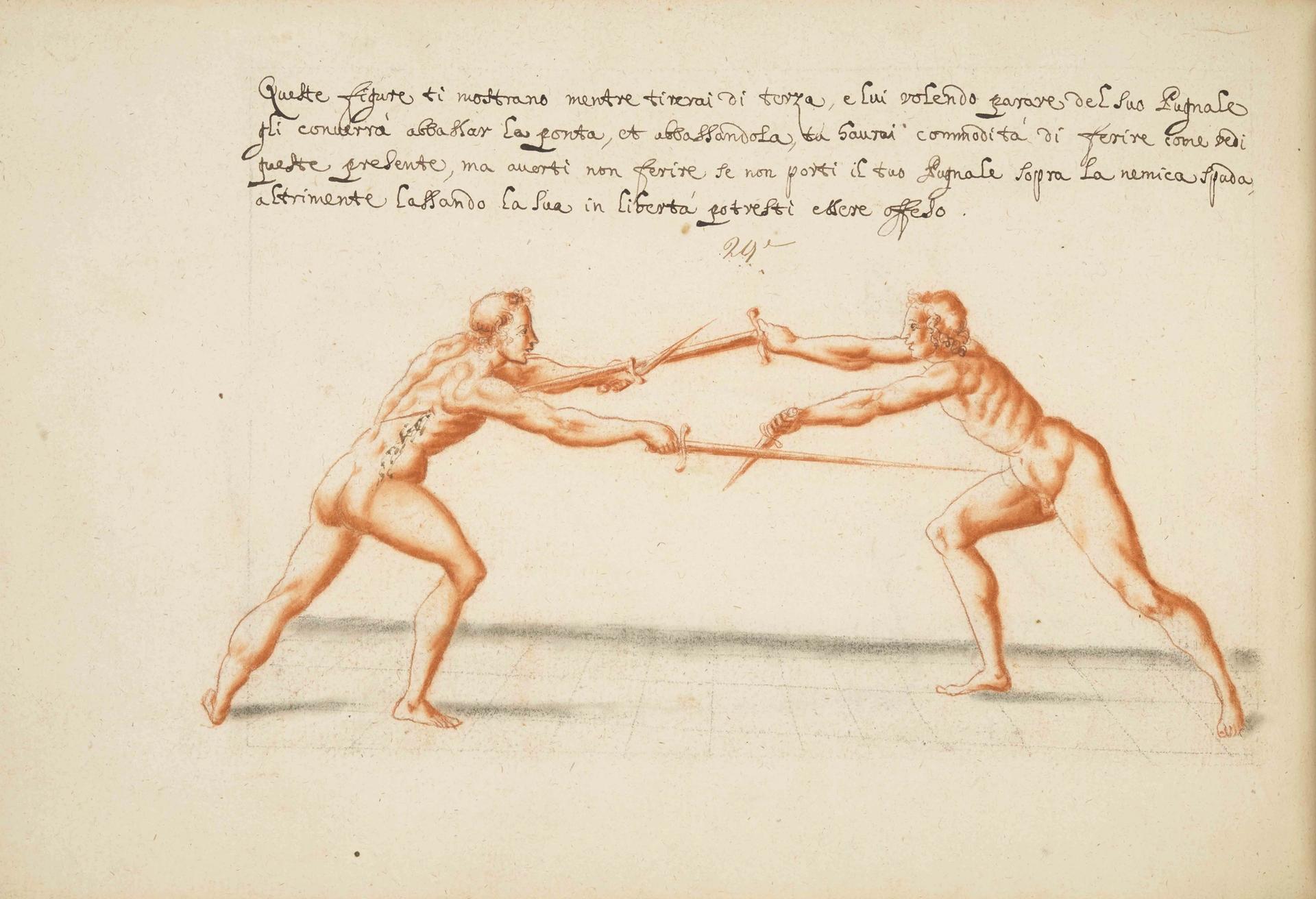 “These two figures demonstrate that when thrusting in terza…[to] take care not to attack him if you cannot put your dagger over his sword, since by leaving his sword free you risk being struck” Credit: The Wallace Collection
