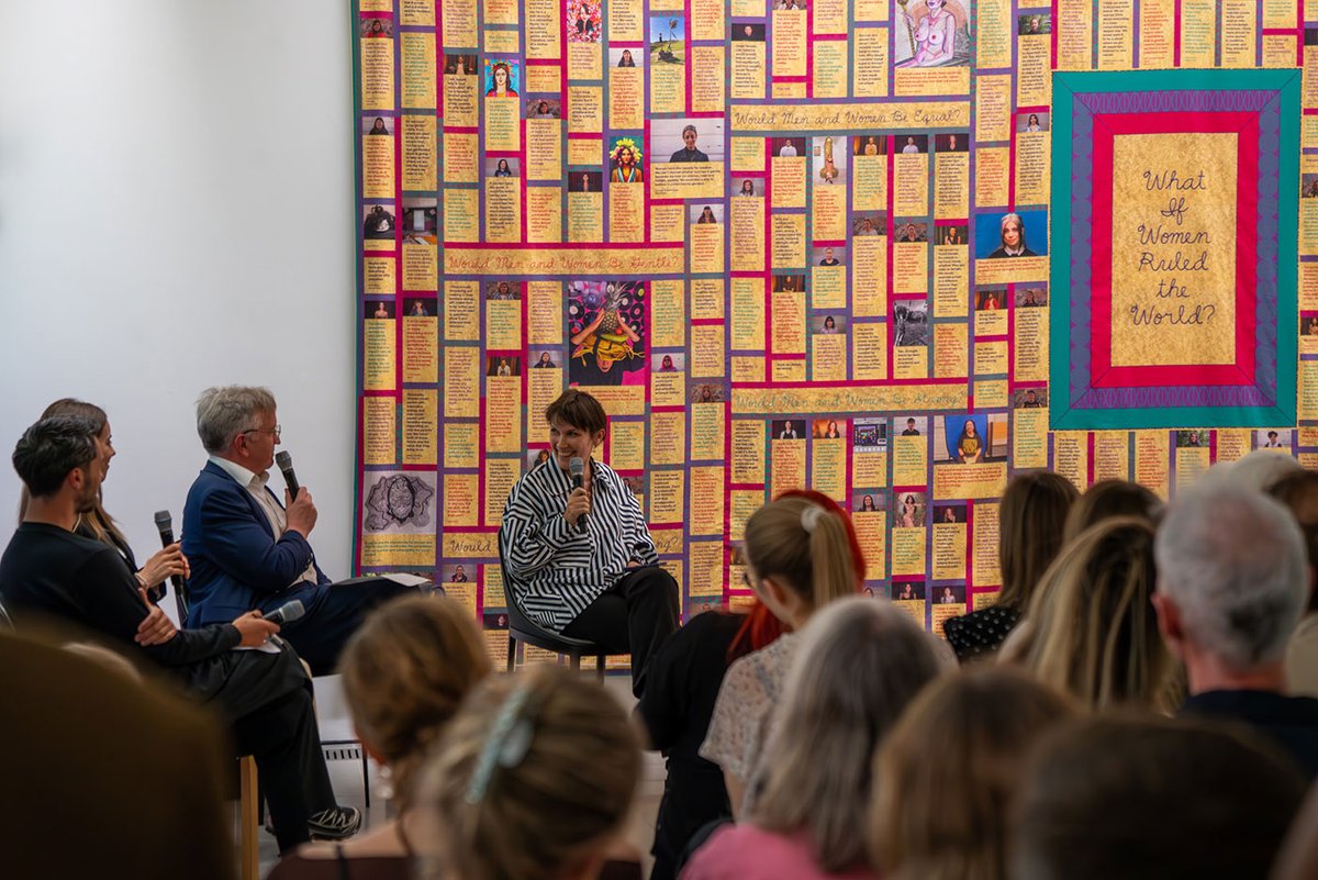 London’s Serpentine hosted a panel discussion around Judy Chicago and the question “What is Women Ruled the World?”, with (from left), Chris Bayley, Curator, Exhibitions, Serpentine, Aleksandra Artamonovskaja, Head of Arts at Tezos Ecosystem, Louis Jebb, Managing Editor, The Art Newspaper (and panel chair), and Kay Watson, Head of Arts Technologies, Serpentine © Hannah Goldsmith
