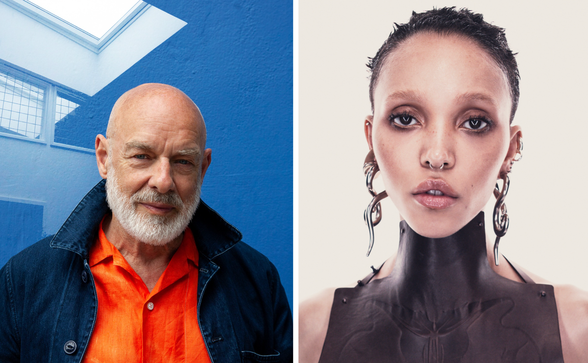 Brian Eno (left) and FKA Twigs (right) are just some of the famous musicians included in The Holy See pavilion Brian Eno: Cecily Eno; FKA Twigs: image courtesy of the artist