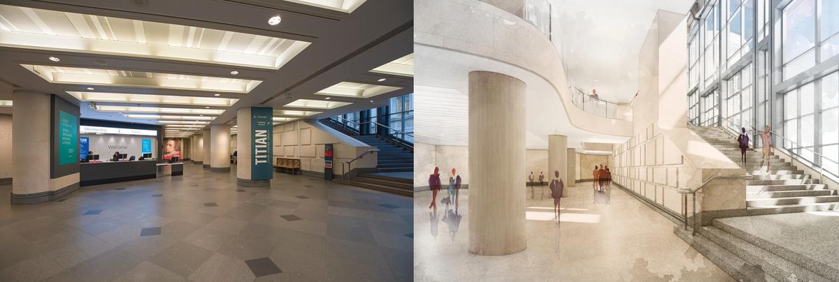 Left: the existing entrance foyer of the Sainsbury Wing at the National Gallery, designed by Robert Venturi and Denise Scott Brown. Right: Selldorf Architects’ proposals for the same space. Current foyer: © The National Gallery, London. Design proposals: © Selldorf Architects