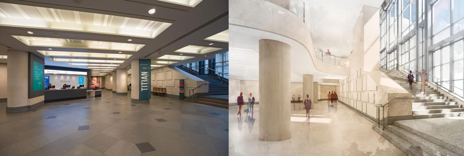 Left: the existing entrance foyer of the Sainsbury Wing at the National Gallery, designed by Robert Venturi and Denise Scott Brown. Right: Selldorf Architects’ proposals for the same space. Current foyer: © The National Gallery, London. Design proposals: © Selldorf Architects