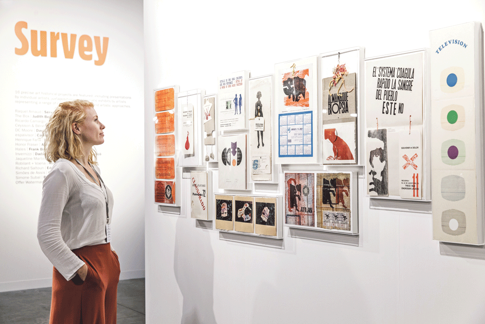 Work by the late Argentinian artist Edgardo Antonio Vigo on Richard Saltoun’s stand Vanessa Ruiz