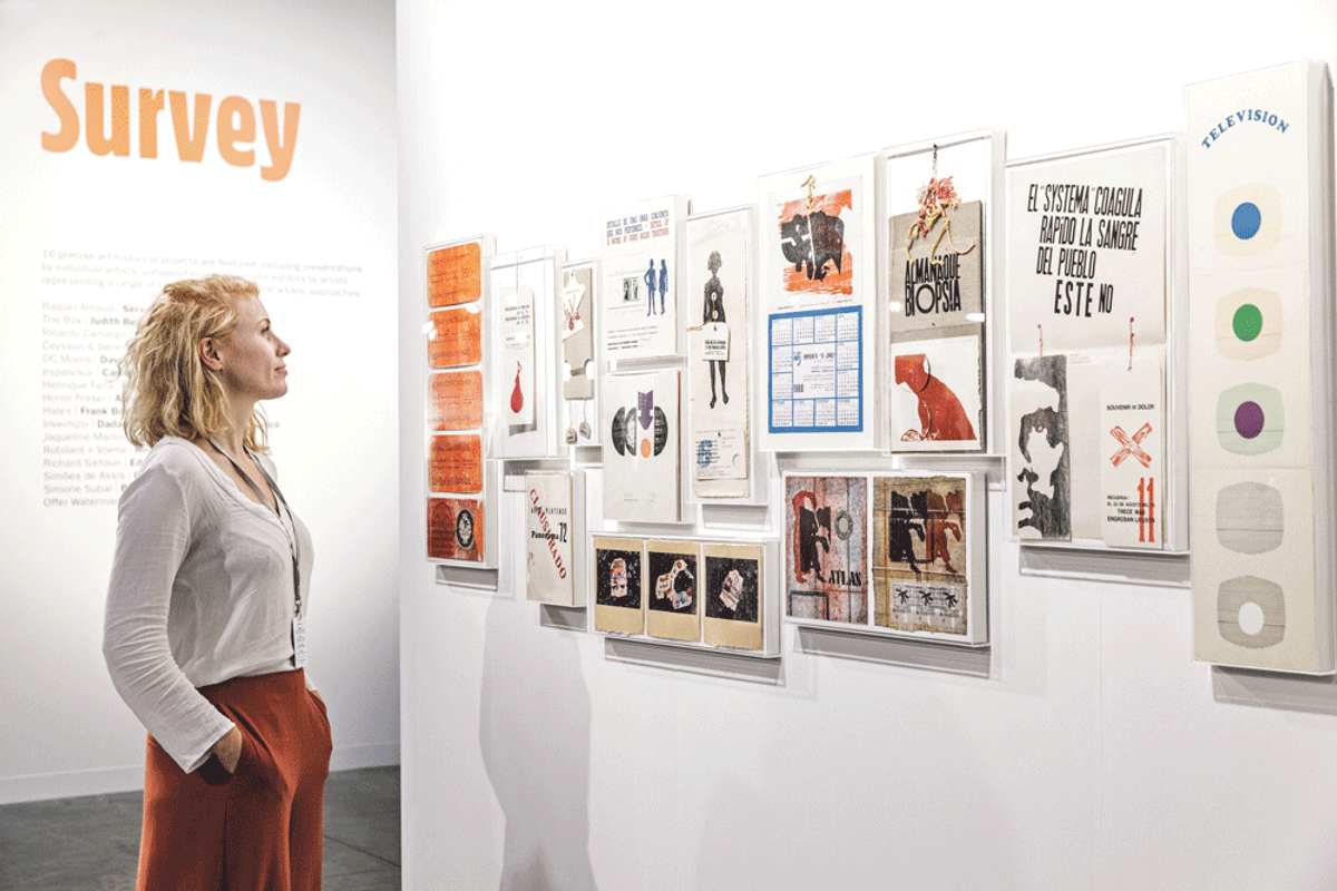 Work by the late Argentinian artist Edgardo Antonio Vigo on Richard Saltoun’s stand Vanessa Ruiz