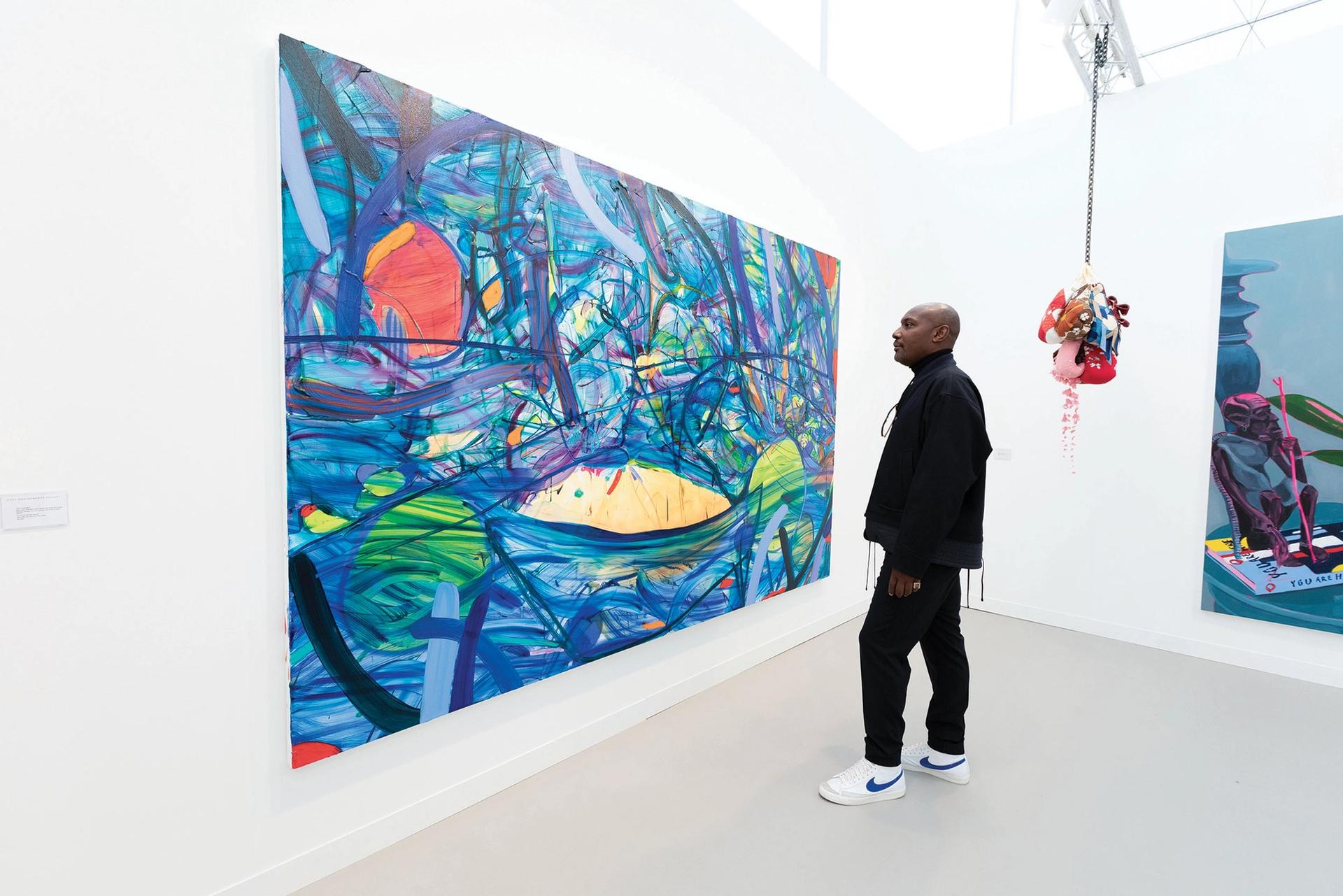Jadé Fadojutimi’s Row, row, row your boat, Vigorously down the stream, Merrily, merrily, merrily, Life is not a dream (2021) at Frieze London. The London-based artist, who has not yet turned 30, has seen phenomenal success, with a work selling for £1.1m this week, and a solo museum show opening later this year David Owens