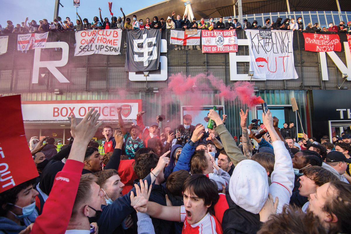 Truth to power: fans protest against American billionaire businessman Stan Kroenke, the owner of Arsenal football club, after the attempted European Super League breakaway alliance in April 2021 Matt Crossick/Empics/Alamy Live News