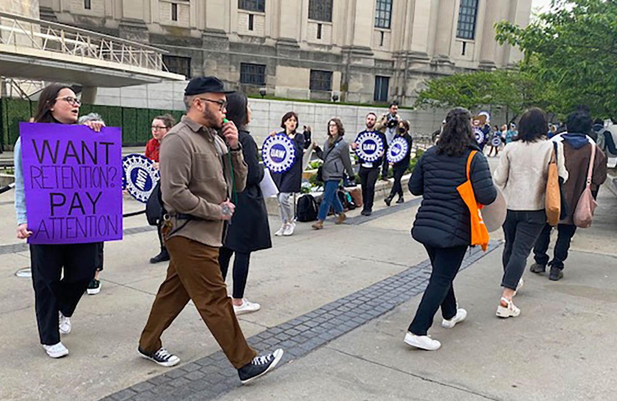 Members of the Brooklyn Museum union rally outside its annual fundraising gala on 25 April 2023 Anni Irish