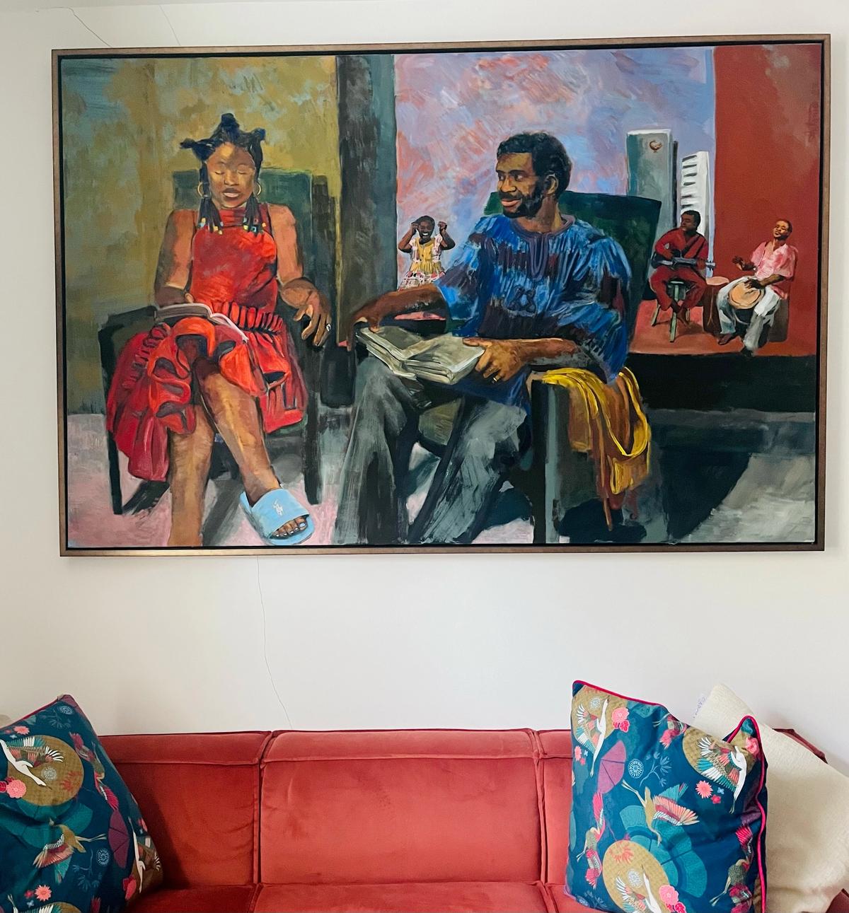 Chibundu Onuzo and her husband are front and centre in Holguin’s painting In the spirit of creativity (2023)
Courtesy of Antonia Caicedo Holguin