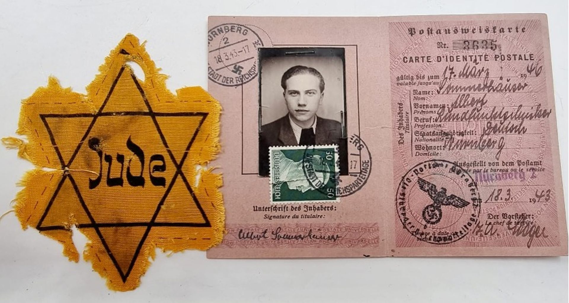 A yellow badge, which was used to identify Jewish people during the Nazi period (left), and a Holocaust survivor's ID card (right). Courtesy of Pentagon Auctions