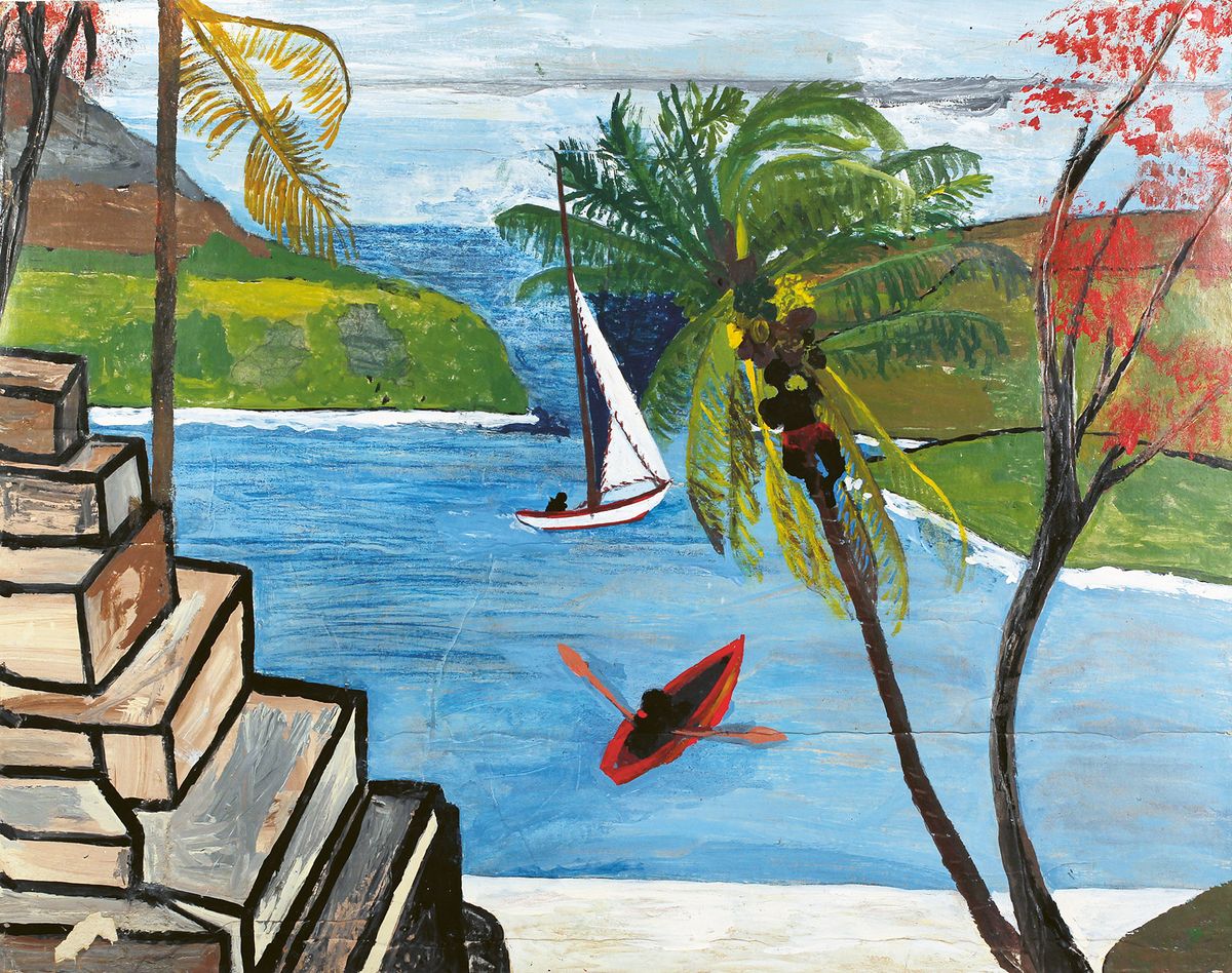 Frank Walter’s Man Climbing a Coconut Palm and View of Red Canoe and Boat in Harbour (undated). The artist was the first Black person to manage a sugar plantation in Antigua; he also campaigned unsuccessfully to become the island’s prime minister Courtesy Frank Walter Family and Kenneth M. Milton Fine Arts