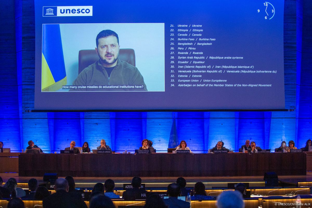 Ukraine's President Volodymyr Zelensky addressing the Unesco board