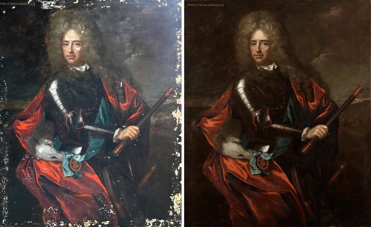 The portrait of the Duke of Marlborough before and after restoration © National Trust