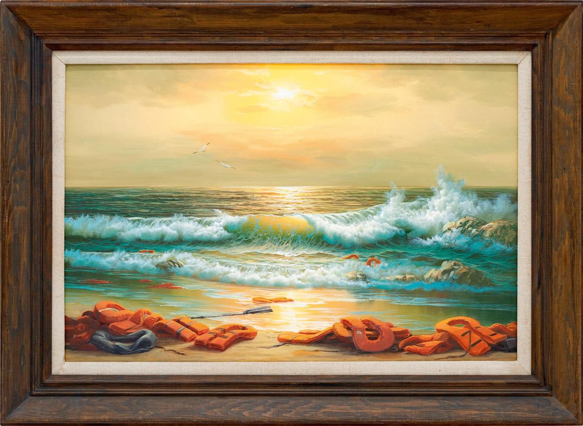 Banksy's Mediterranean sea view 2017, one painting in the triptych that is estimated to sell for £800,000-£1.2m Courtesy of Sotheby's