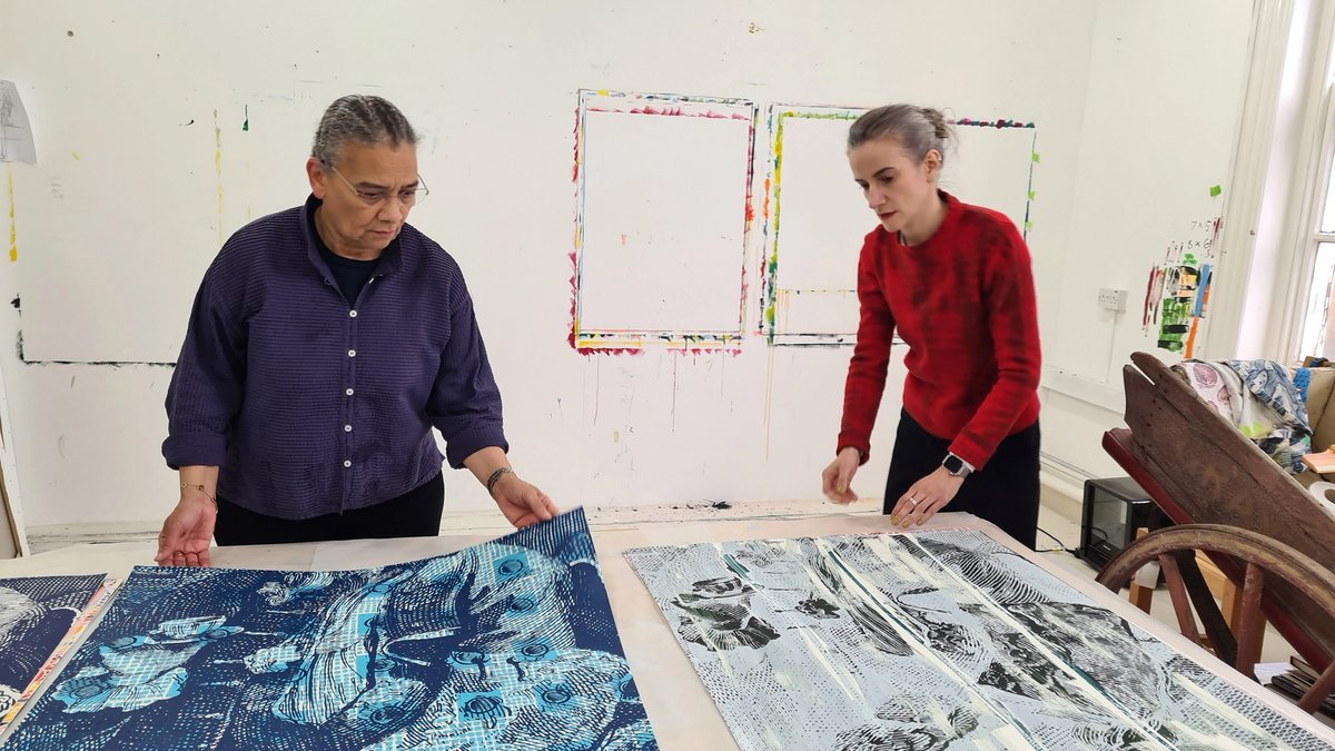Lubaina Himid (left) with Magda Stawarska, a Polish-born, UK-based artist whose practice combines moving image, sound, silkscreen printing and painting Photo: Helen Waters; courtesy Cristea Roberts Gallery, London