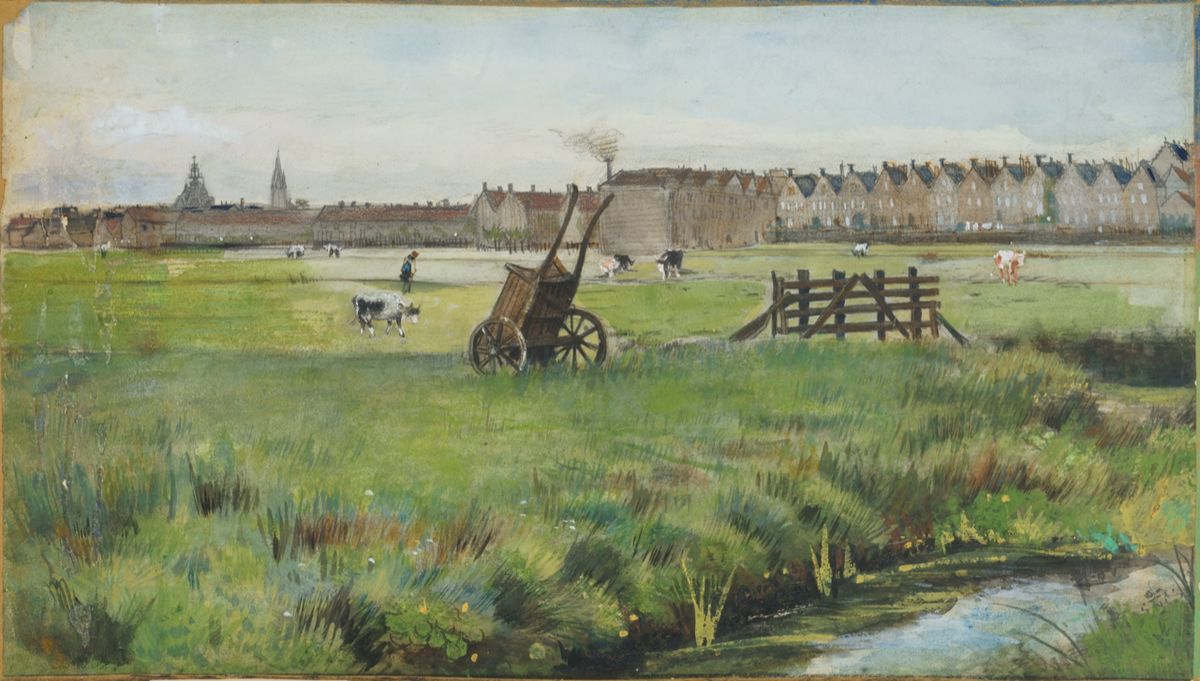 Van Gogh’s Meadow, in the Background the New Church and St Jacob’s Church (July 1882) Courtesy of the Collection of Marunuma Art Park, deposited at the Museum of Modern Art, Saitama